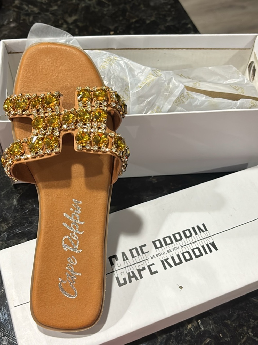 Cape Robbin Tan Slide Sandals with Yellow Gem Accents sz6